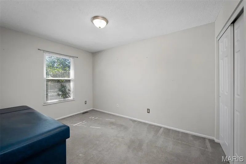 Light grey carpeted flooring, a single window, and a white bi-fold closet door — 445 Lantana Lane, St Peters, MO 63376