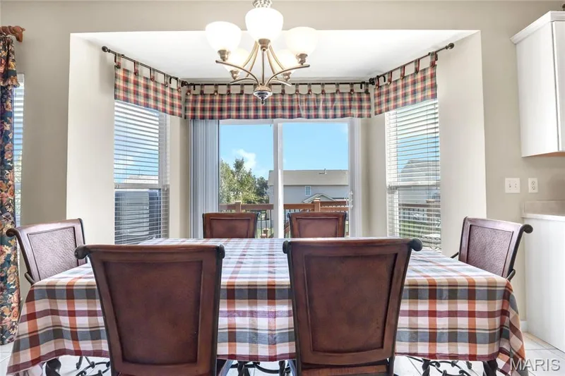 Bay window featuring white horizontal blinds and a multi-light metal chandelier — 2061 Avalon Mist Circle, Dardenne Prairie, MO 63368