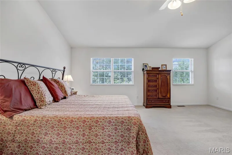 Neutral-toned interior space featuring vaulted ceilings, wall-to-wall carpeting, and double-pane windows — 2061 Avalon Mist Circle, Dardenne Prairie, MO 63368