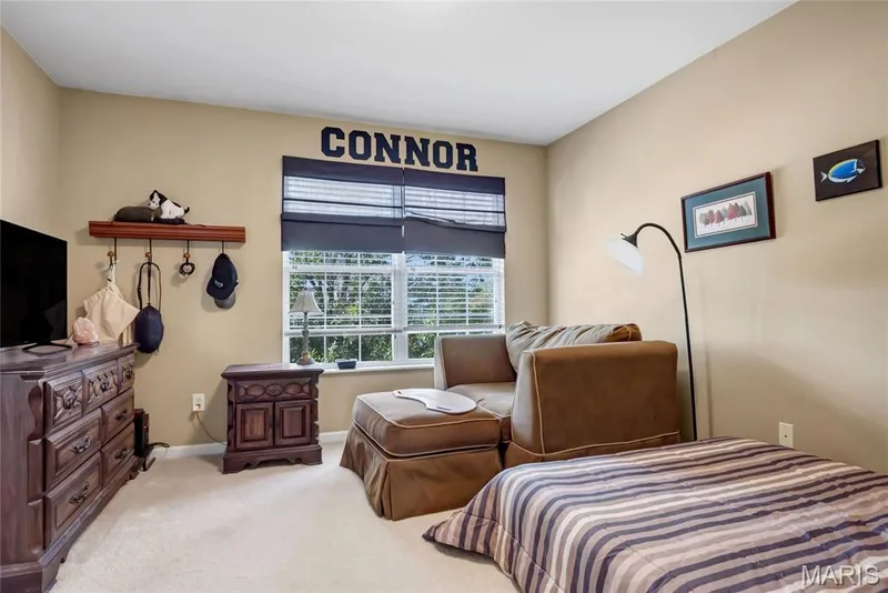 Neutral-toned bedroom featuring carpeting and a large window with fitted fabric shades — 2061 Avalon Mist Circle, Dardenne Prairie, MO 63368