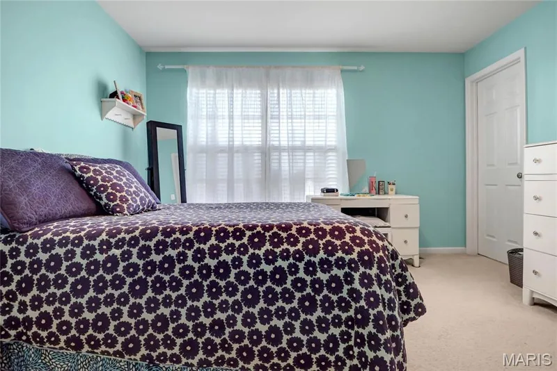 Neutral-toned carpeting, multi-panel interior door, and window featuring horizontal blinds — 2061 Avalon Mist Circle, Dardenne Prairie, MO 63368