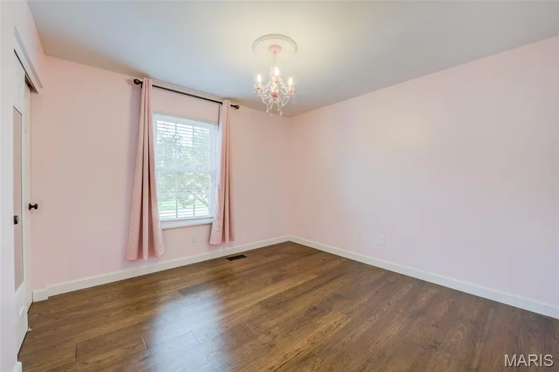 Wood-finish flooring, single window with blinds, and an ornate ceiling fixture — 1094 Harness Drive, St Charles, MO 63304