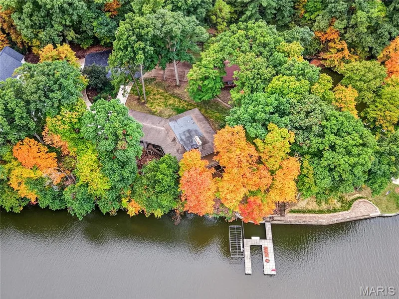 Overview of property with dock, boardwalk and lakeside patio — 2 Lakeview Court, Lake St. Louis, MO 63367