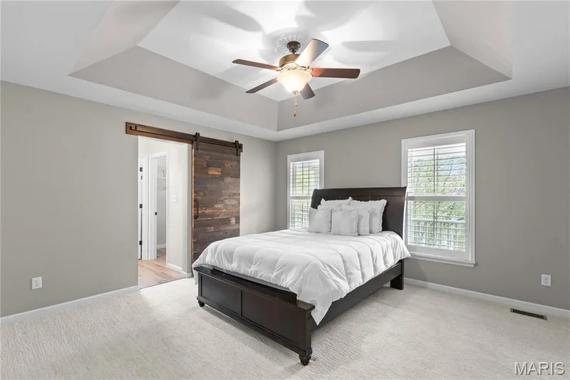 Tray ceiling, stained wood-finish barn door, and dual windows with plantation shutters — 3222 Starkville Street, St Charles, MO 63301