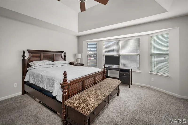 Room featuring a vaulted ceiling, recessed tray ceiling detailing, expansive bay window, and neutral carpeting — 757 Lost Canyon Boulevard, Wentzville, MO 63385