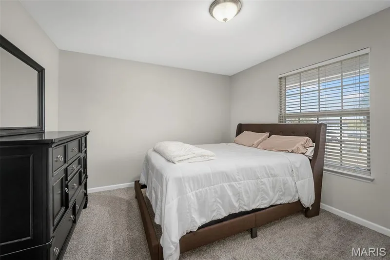 Neutral wall paint, carpeting, window with blinds, and flush-mount lighting fixture — 757 Lost Canyon Boulevard, Wentzville, MO 63385