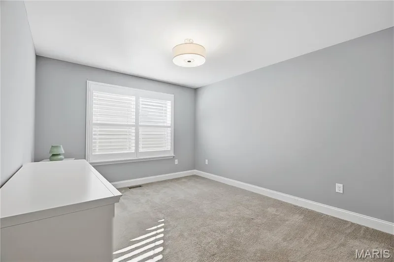Neutral-toned room featuring neutral carpeting, window with built-in plantation shutters, and a drum-style ceiling light fixture — 17028 Fire Glow Drive, Wildwood, MO 63011