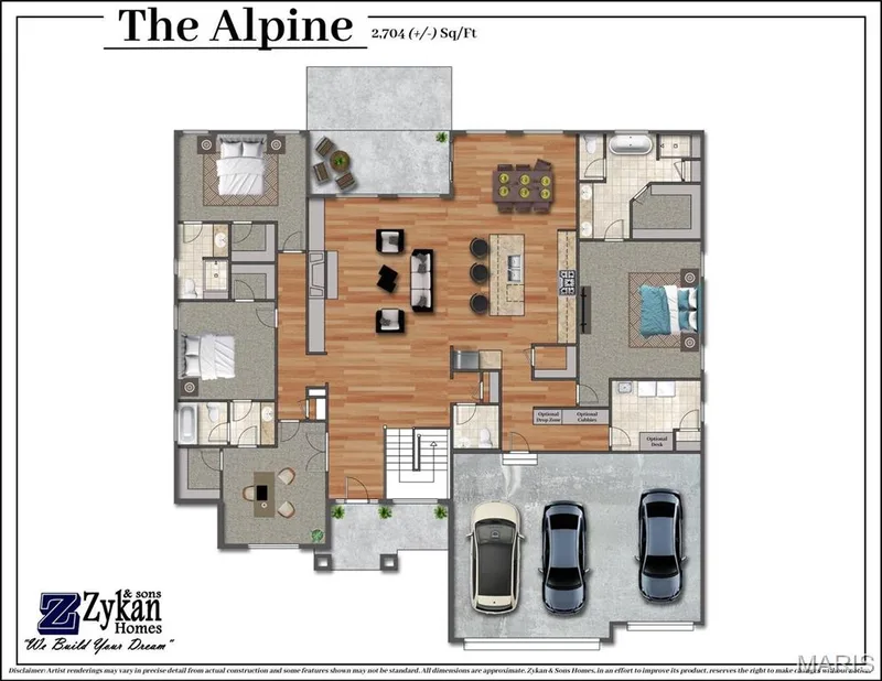 The Alpine Color Floor Plan. Disclaimer: Artist renderings may vary in precise detail from actual construction and some features shown may not be standard. All dimensions are approximate. Zykan & Sons Homes, in an effort to improve its product, reserves the right to make changes without notice. — Alpine @ Stone Canyon, Foristell, MO 63348