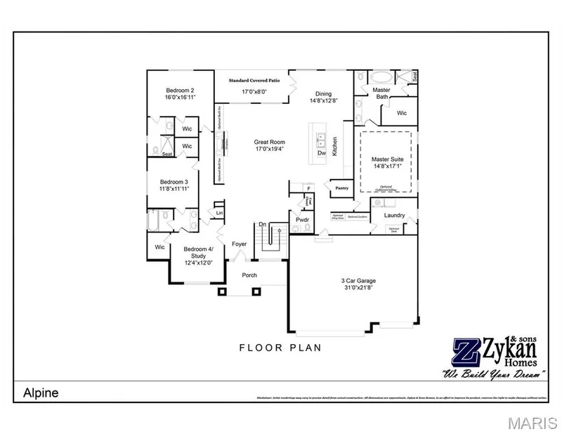 Alpine Floor Plan. Disclaimer: Artist renderings may vary in precise detail from actual construction and some features shown may not be standard. All dimensions are approximate. Zykan & Sons Homes, in an effort to improve its product, reserves the right to make changes without notice. — Alpine @ Stone Canyon, Foristell, MO 63348