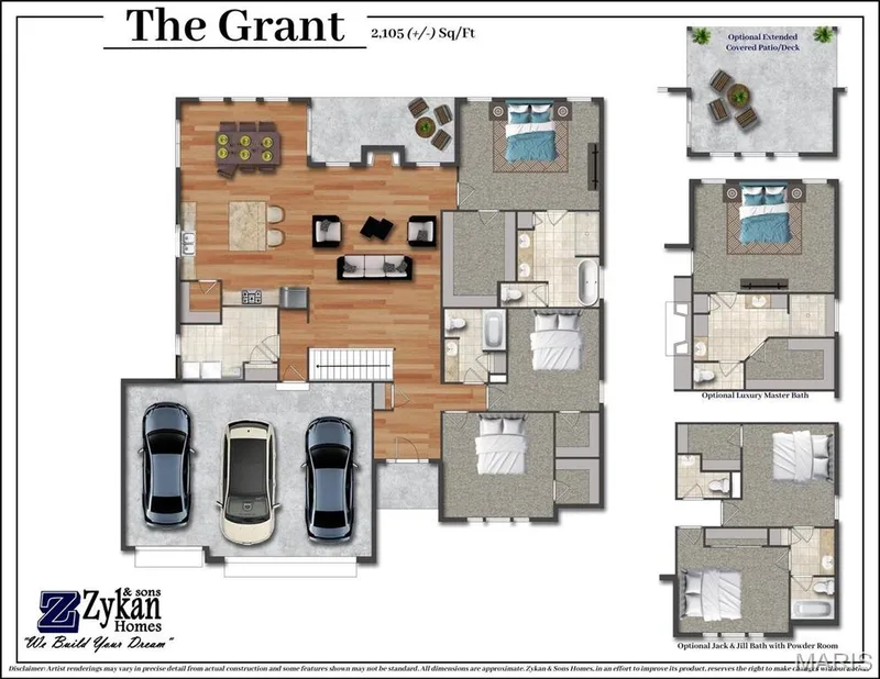 The Grant Color Floor Plan. Disclaimer: Artist renderings may vary in precise detail from actual construction and some features shown may not be standard. All dimensions are approximate. Zykan & Sons Homes, in an effort to improve its product, reserves the right to make changes without notice. — Grant @ Stone Canyon, Foristell, MO 63348