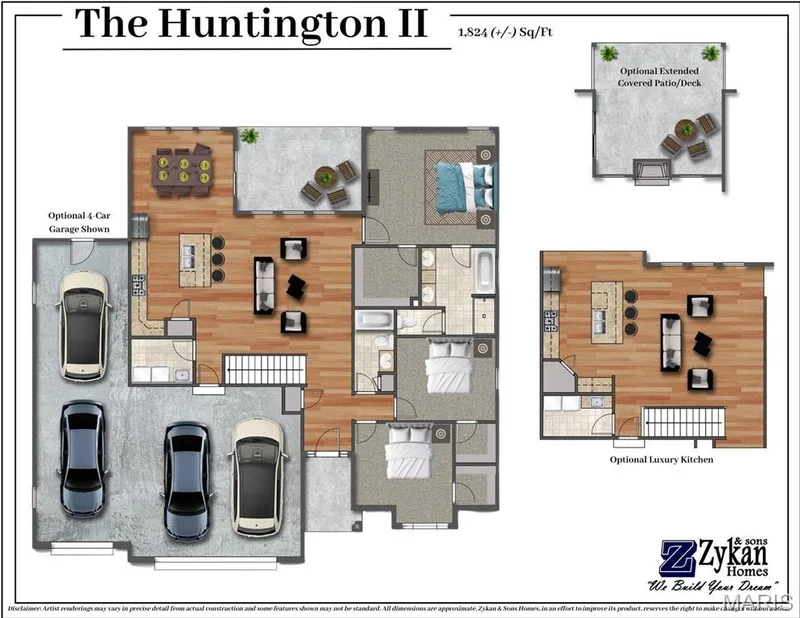 The Huntington II Color Floor Plan. Disclaimer: Artist renderings may vary in precise detail from actual construction and some features shown may not be standard. All dimensions are approximate. Zykan & Sons Homes, in an effort to improve its product, reserves the right to make changes without notice. — Huntington II @ Stone Canyon, Foristell, MO 63348