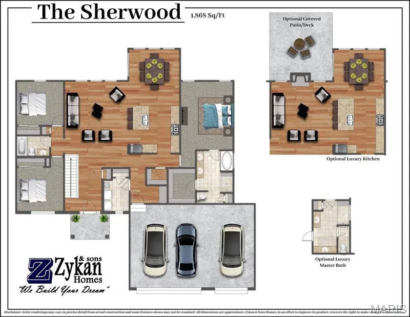 The Sherwood Color Floor Plan. Disclaimer: Artist renderings may vary in precise detail from actual construction and some features shown may not be standard. All dimensions are approximate. Zykan & Sons Homes, in an effort to improve its product, reserves the right to make changes without notice. — Sherwood @ Stone Canyon, Foristell, MO 63348