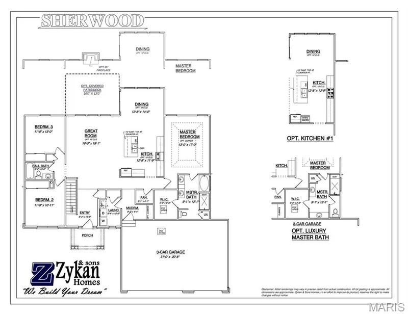 Sherwood Floor Plan. Disclaimer: Artist renderings may vary in precise detail from actual construction and some features shown may not be standard. All dimensions are approximate. Zykan & Sons Homes, in an effort to improve its product, reserves the right to make changes without notice. — Sherwood @ Stone Canyon, Foristell, MO 63348