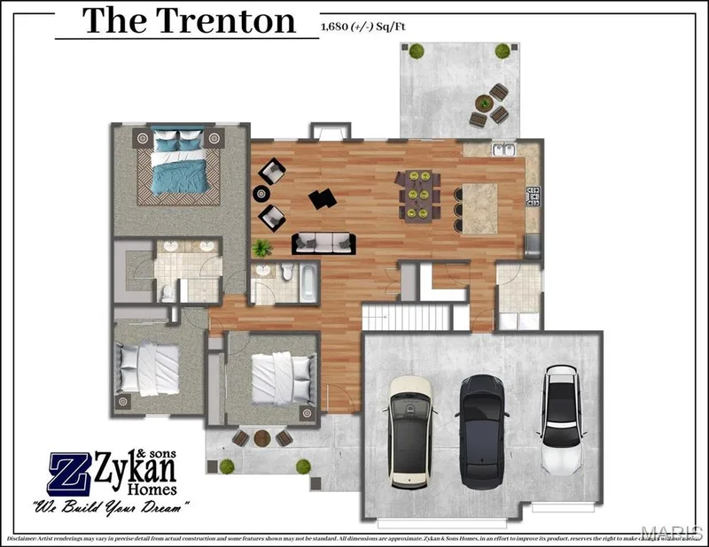 The Trenton Color Floor Plan. Disclaimer: Artist renderings may vary in precise detail from actual construction and some features shown may not be standard. All dimensions are approximate. Zykan & Sons Homes, in an effort to improve its product, reserves the right to make changes without notice. — Trenton @ Stone Canyon, Foristell, MO 63348