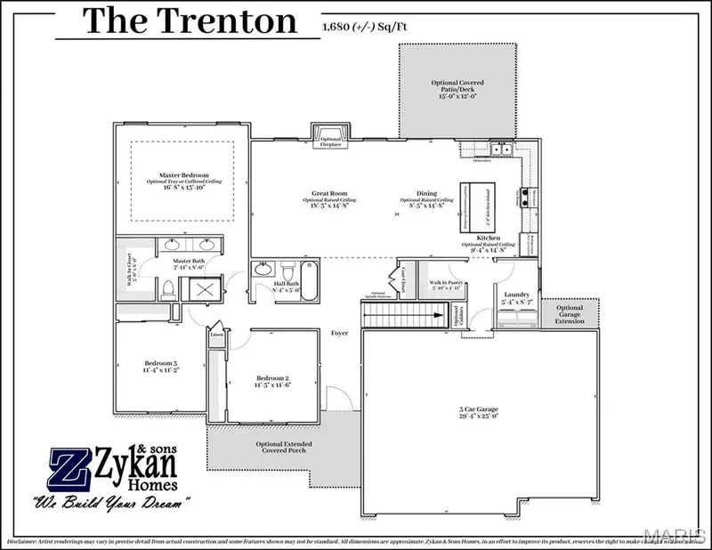 The Trenton Floor Plan. Disclaimer: Artist renderings may vary in precise detail from actual construction and some features shown may not be standard. All dimensions are approximate. Zykan & Sons Homes, in an effort to improve its product, reserves the right to make changes without notice. — Trenton @ Stone Canyon, Foristell, MO 63348