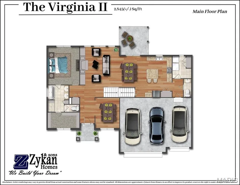 Virginia Color Floor Plan - Main Floor. Disclaimer: Artist renderings may vary in precise detail from actual construction and some features shown may not be standard. All dimensions are approximate. Zykan & Sons Homes, in an effort to improve its product, reserves the right to make changes without notice. — Virginia II @ Stone Canyon, Foristell, MO 63348