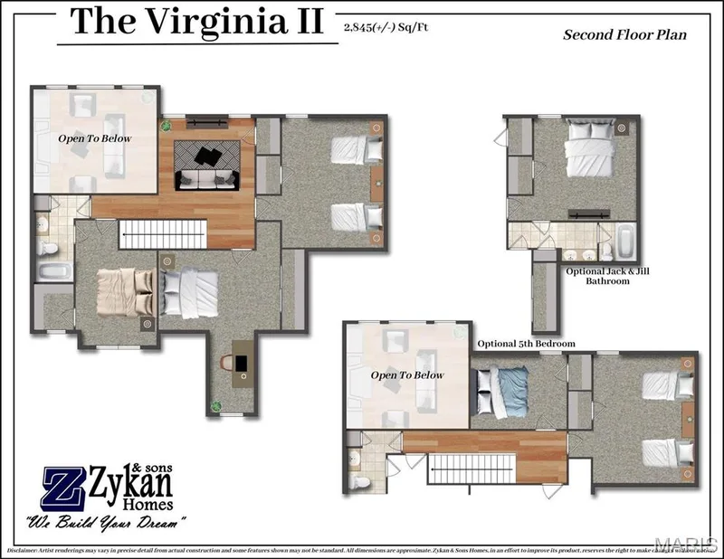 Virginia Color Floor Plan Second Floor., Disclaimer: Artist renderings may vary in precise detail from actual construction and some features shown may not be standard. All dimensions are approximate. Zykan & Sons Homes, in an effort to improve its product, reserves the right to make changes without notice. — Virginia II @ Stone Canyon, Foristell, MO 63348